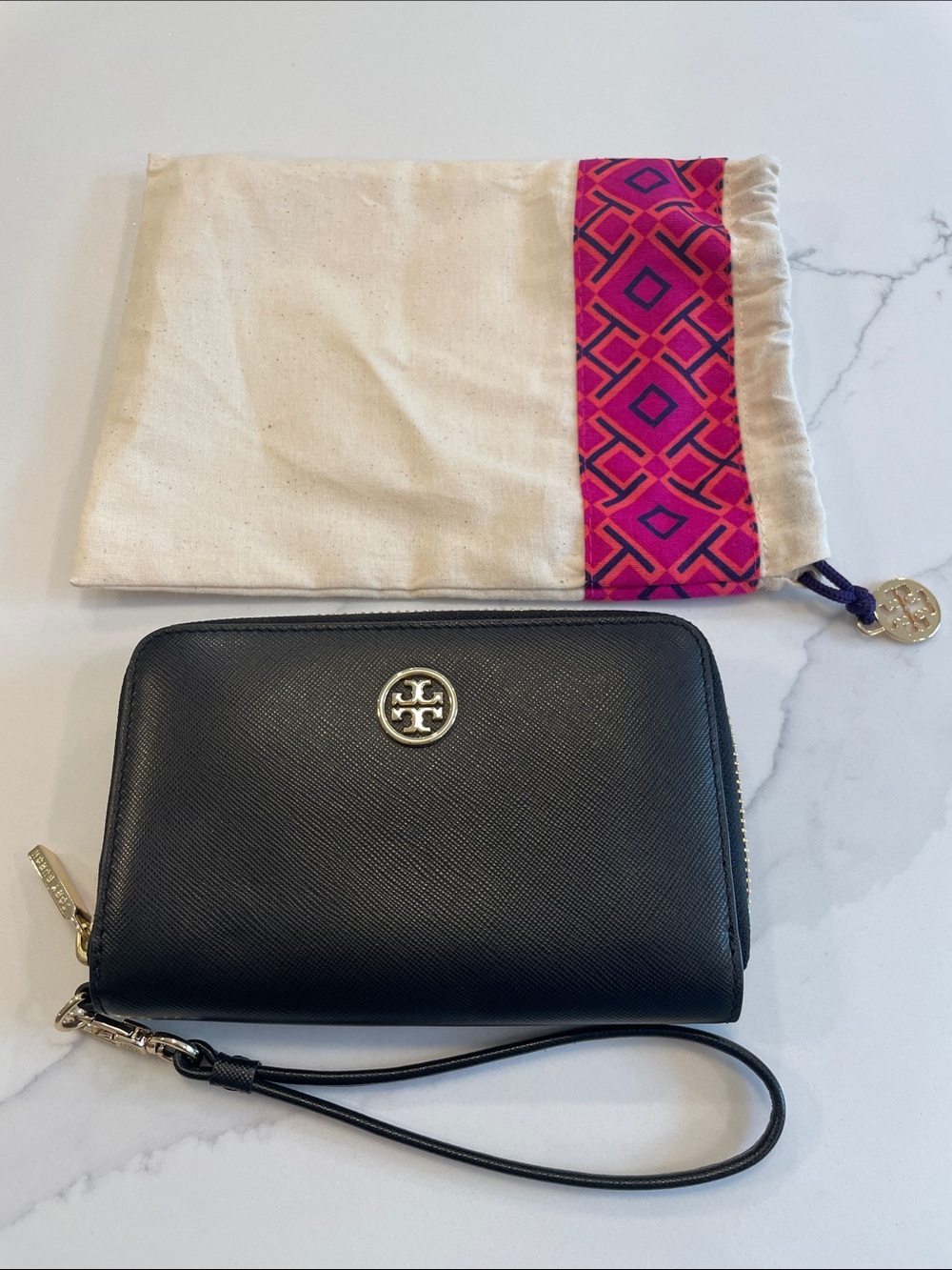 Tory Burch Black Leather Zip Wristlet Wallet with Gold Logo Medallion